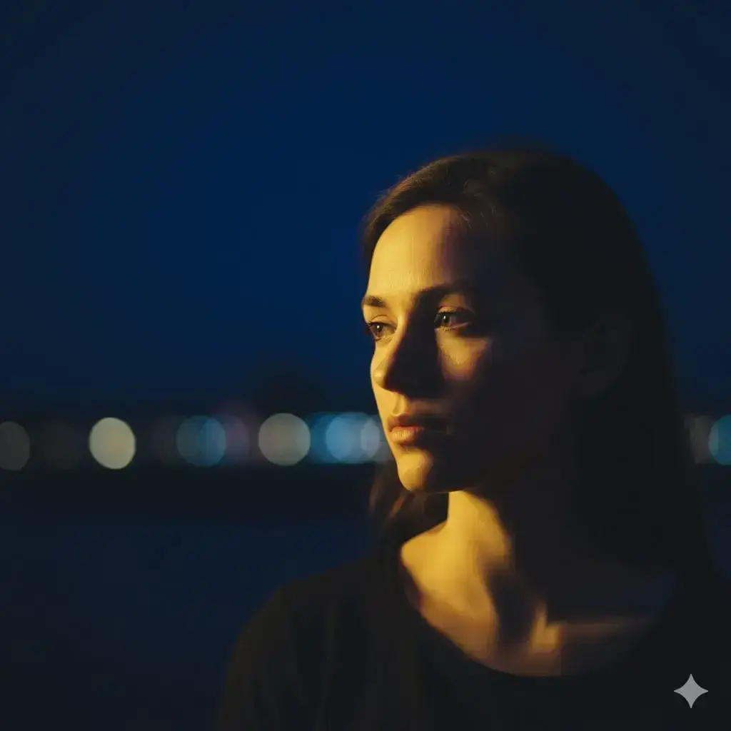 Dijital Fotoğrafçılığın Büyüsü: Yaratıcı Kompozisyonlarla Fark Yaratmak 2 Gece ışıklarında düşünen genç kadın portresi. Dijital fotoğrafçı için yaratıcı kompozisyon örneği.