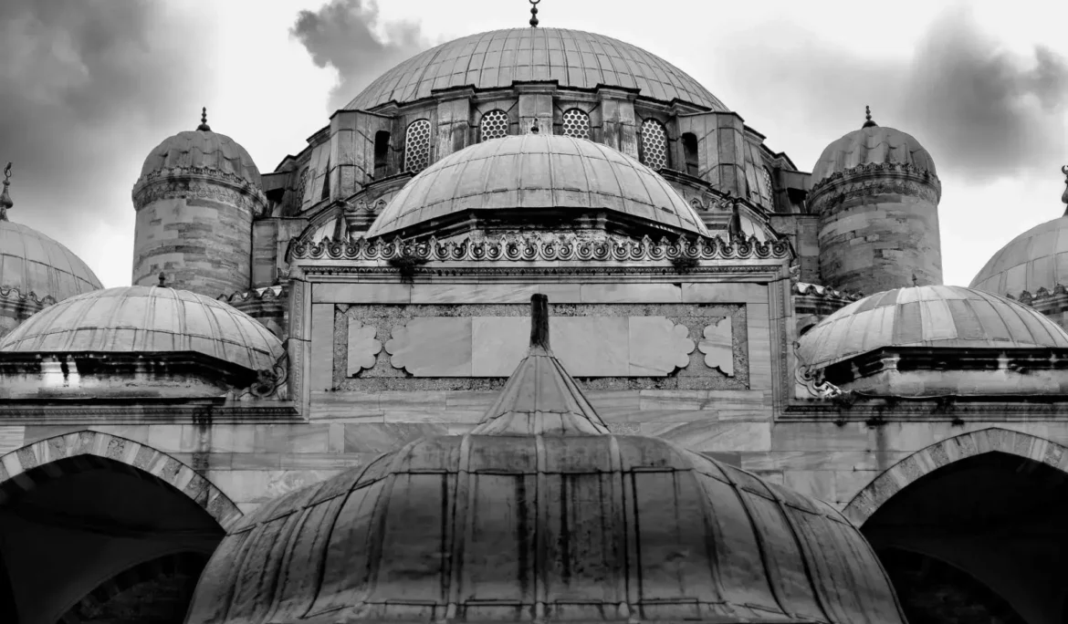 Bir caminin karmaşık kubbe ve minarelerinin siyah beyaz fotoğrafı.
