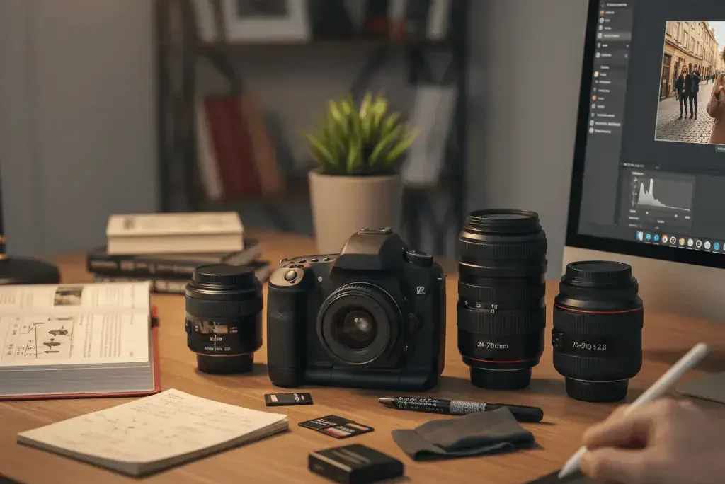 Fotoğrafçılık malzemeleri: DSLR kamera, farklı lensler ve düzenleme yazılımı.