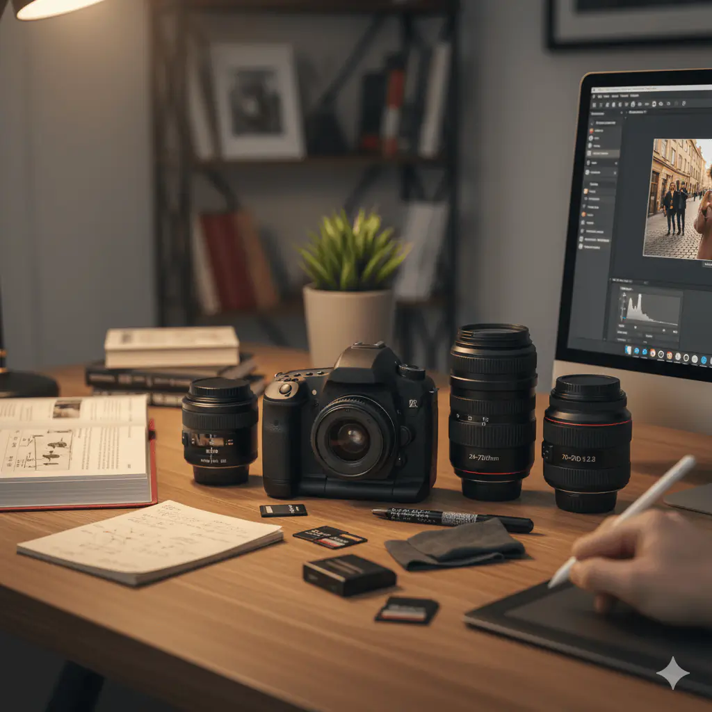 Fotoğrafçılık malzemeleri: DSLR kamera, farklı lensler ve düzenleme yazılımı.