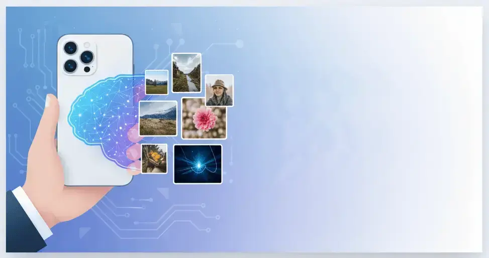 Yapay zekanın beyin tarafından işlenen fotoğrafları görüntüleyen ve görüntü düzenleme yeteneklerini sergileyen akıllı telefon.