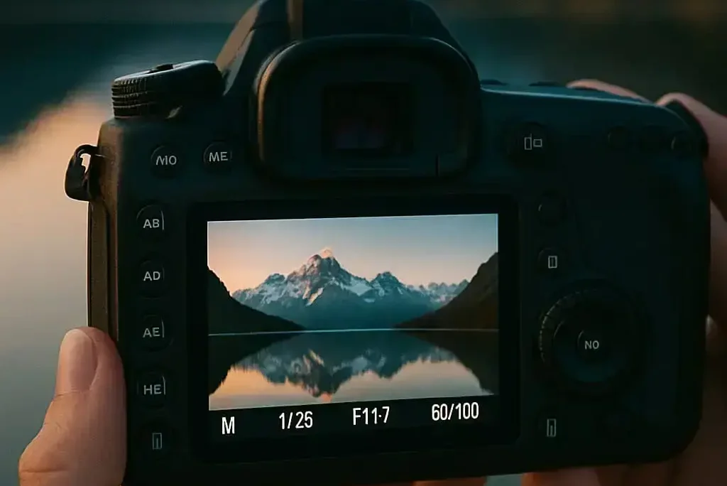 Fotoğrafçı, bir dağın göle yansıyan manzarasını gösteren bir kamera tutuyor. Ayarlar: M, 1/25, F11.7, 60/100.