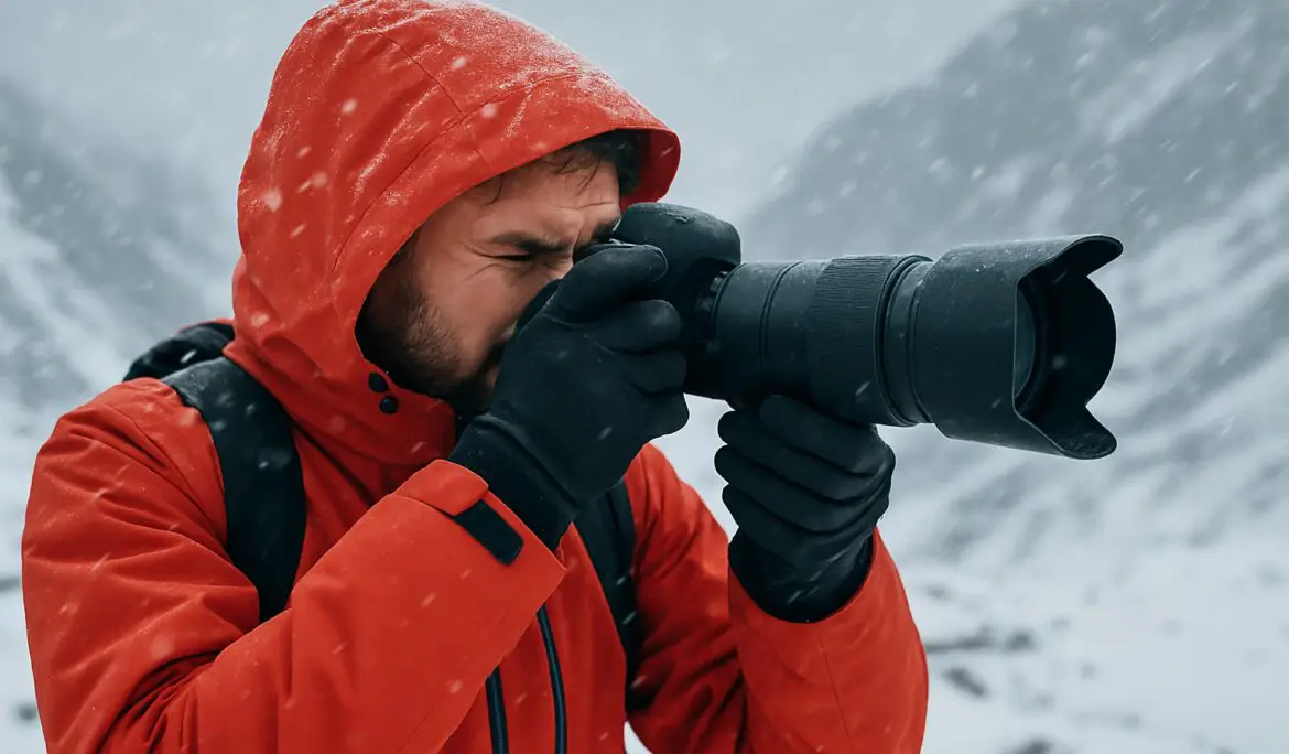 Kırmızı ceketli fotoğrafçı karlı dağ manzarasında kış fotoğrafçılığı yapıyor.