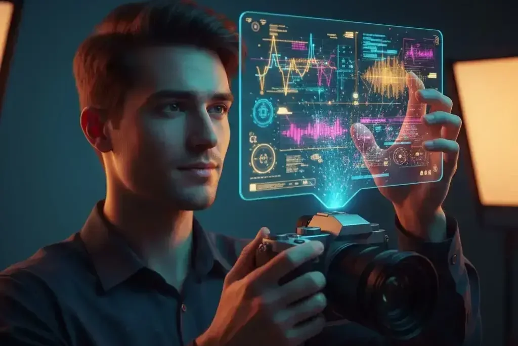 Yapay zeka fotoğrafçılık: Fotoğrafçı, dijital ekran ile görüntü analiz ediyor.