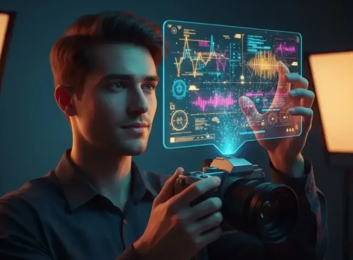 Yapay zeka fotoğrafçılık: Fotoğrafçı, dijital ekran ile görüntü analiz ediyor.