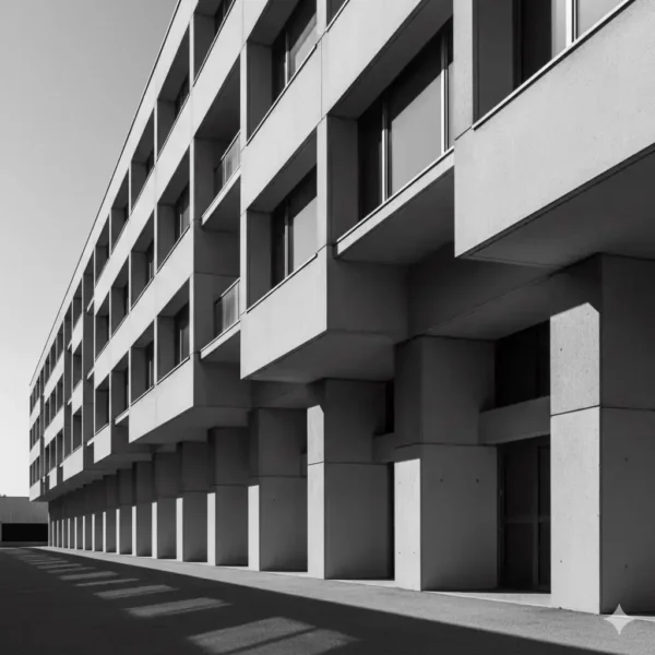 Betonarme bir binanın siyah beyaz fotoğrafı, ışık ve gölge kullanımı dikkat çekiyor.