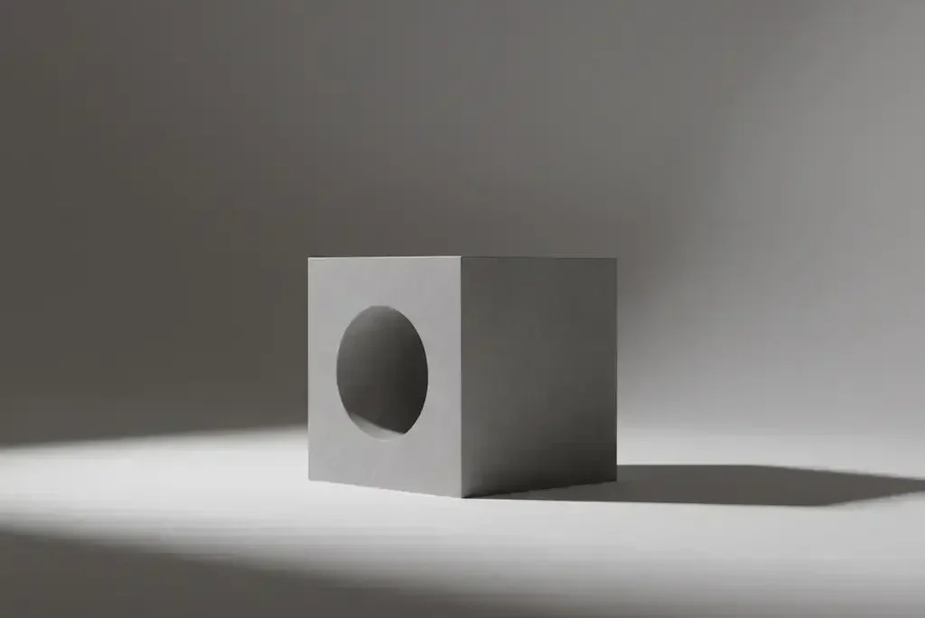 Minimalist fotoğraf: Ortasında yuvarlak boşluk olan gri küp. "Minimalizm nedir" ve "sade fotoğraf" kavramlarını yansıtıyor.