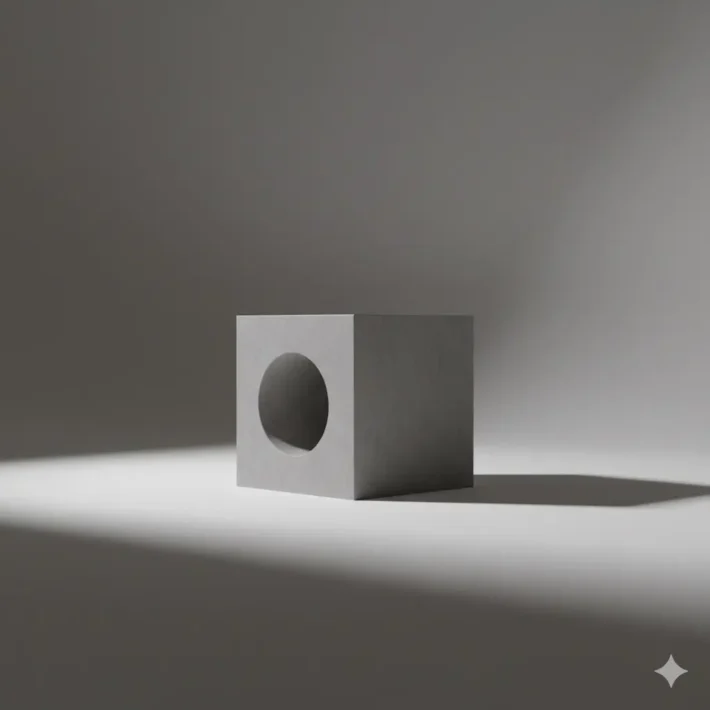 Minimalizm: Fotoğrafta Sadelikle Güçlü Anlatım 1 Minimalist fotoğraf: Ortasında yuvarlak boşluk olan gri küp. "Minimalizm nedir" ve "sade fotoğraf" kavramlarını yansıtıyor.