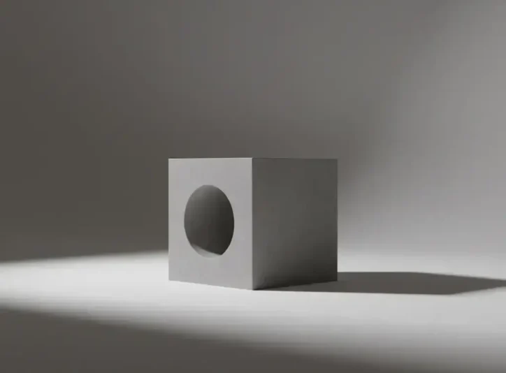 Minimalist fotoğraf: Ortasında yuvarlak boşluk olan gri küp. "Minimalizm nedir" ve "sade fotoğraf" kavramlarını yansıtıyor.