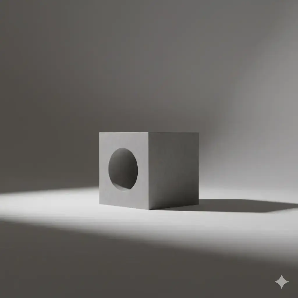 Minimalist fotoğraf: Ortasında yuvarlak boşluk olan gri küp. "Minimalizm nedir" ve "sade fotoğraf" kavramlarını yansıtıyor.