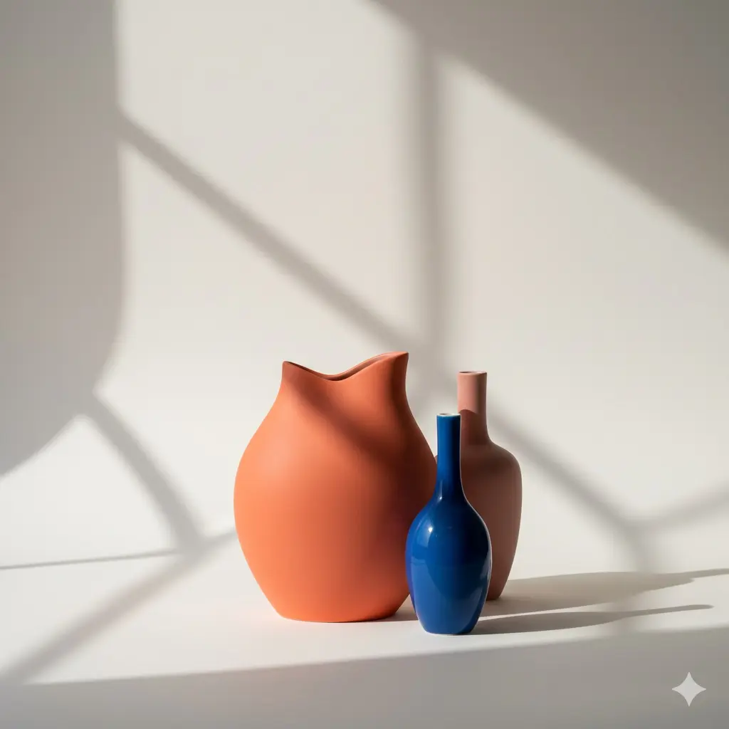 Fotoğrafçılıkta Renk Teorisi: Görsel Dengeyi Yaratmak 2 Üç renkli vazo: turuncu, mavi ve pembe. Fotoğrafçılıkta renk teorisi görseli.