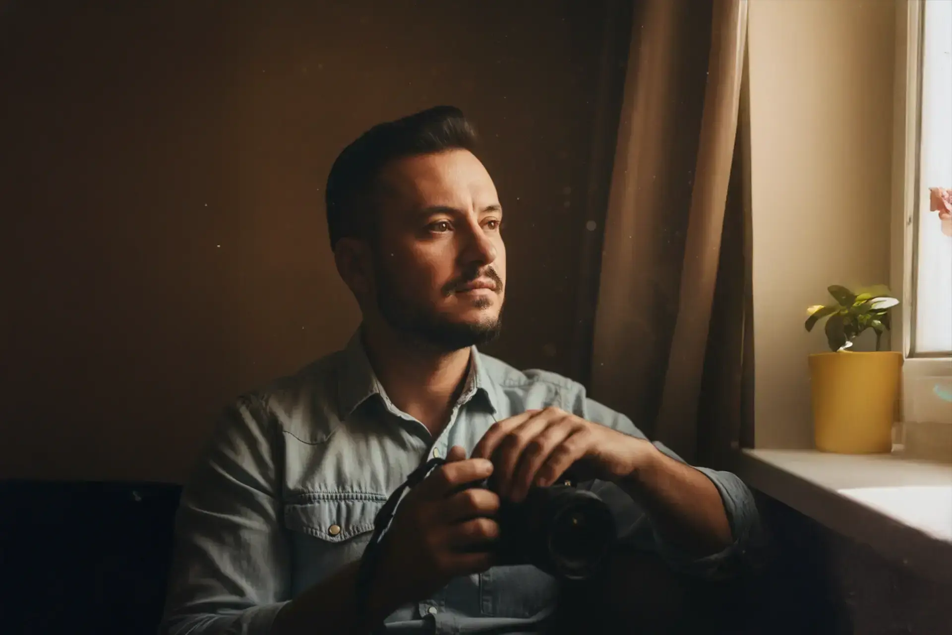 Fotoğraf makinesi tutan, pencereden bakan fotoğrafçı. Dijital fotoğraf sanatı.