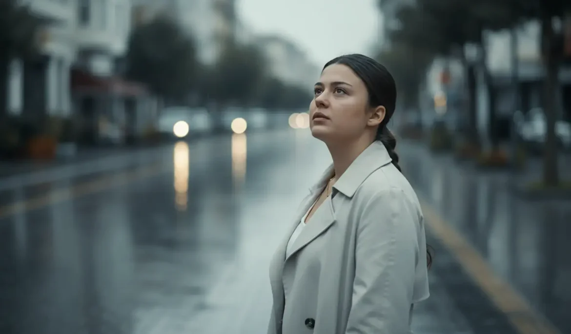 Yağmurlu şehirde dijital fotoğraf sanatı üzerine düşünen genç kadın. Fotoğraf sanatı ve galeriler üzerine bir çalışma.
