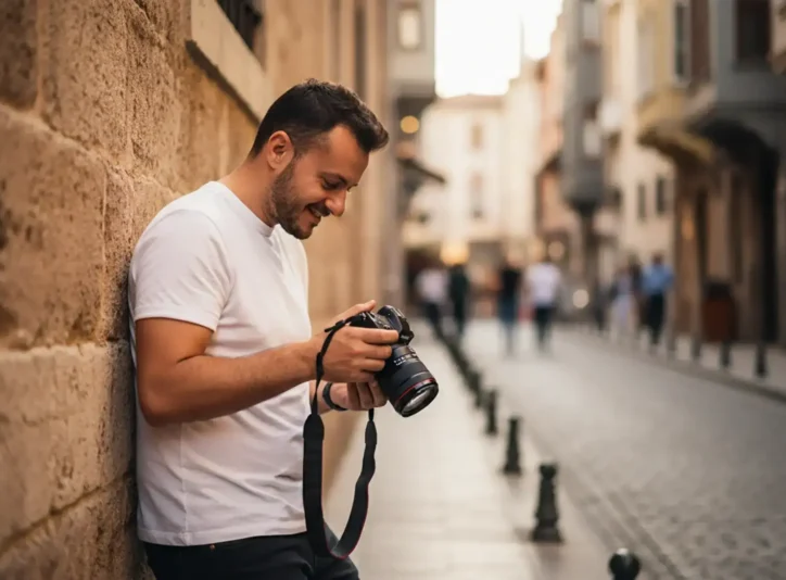 Dijital fotoğraf makinesiyle fotoğraf çeken adam. Fotoğraf sanatı meraklısı.