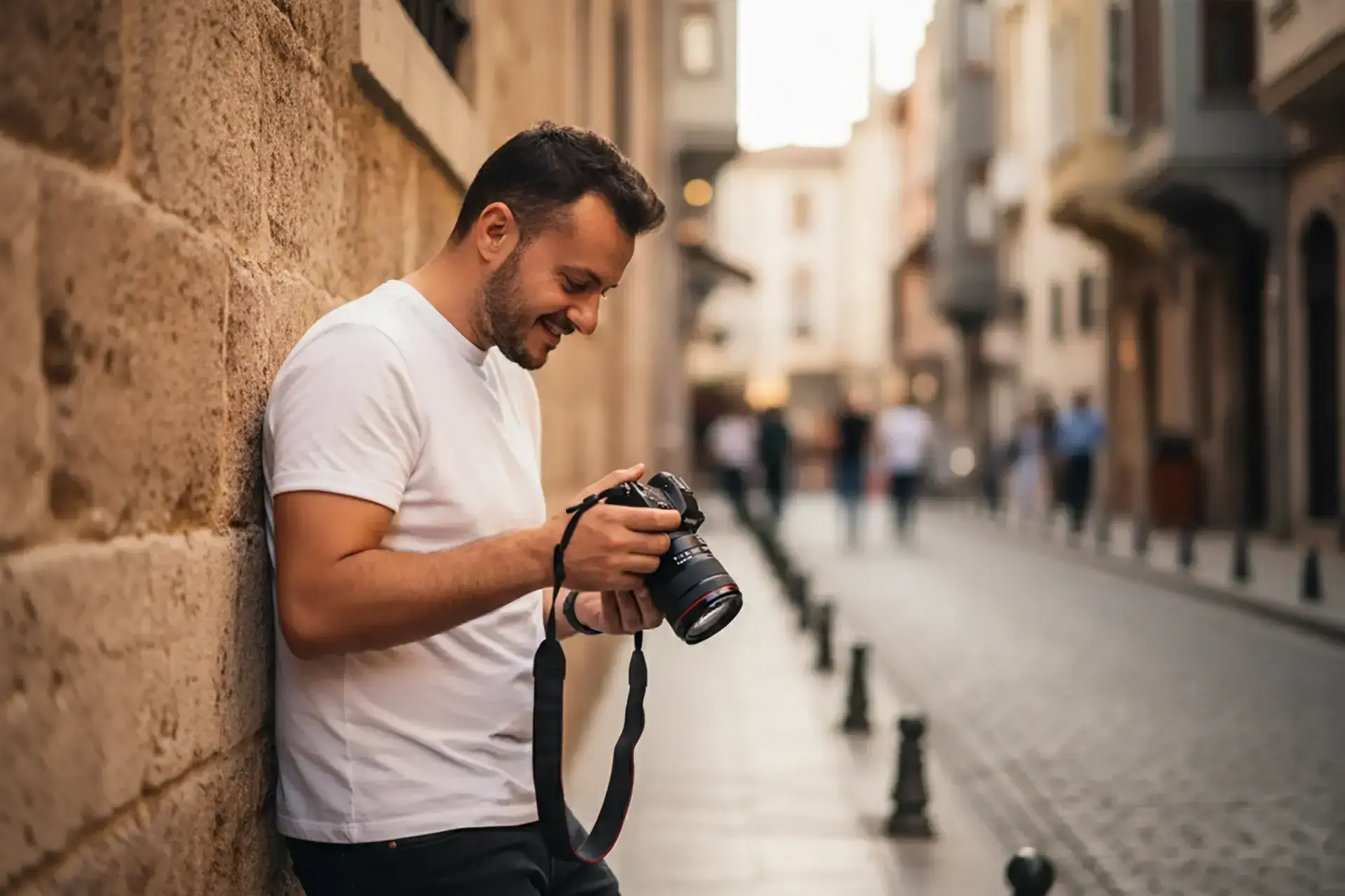 Dijital fotoğraf makinesiyle fotoğraf çeken adam. Fotoğraf sanatı meraklısı.