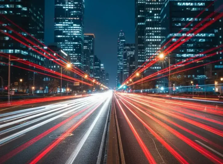 Uzun pozlama gece fotoğrafçılığı: Şehir ışıklarının izleri, binalar.