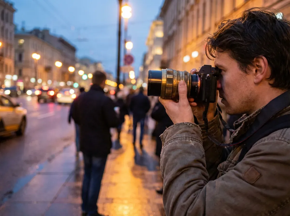 fotografci sehirde lens ayari yapiyor