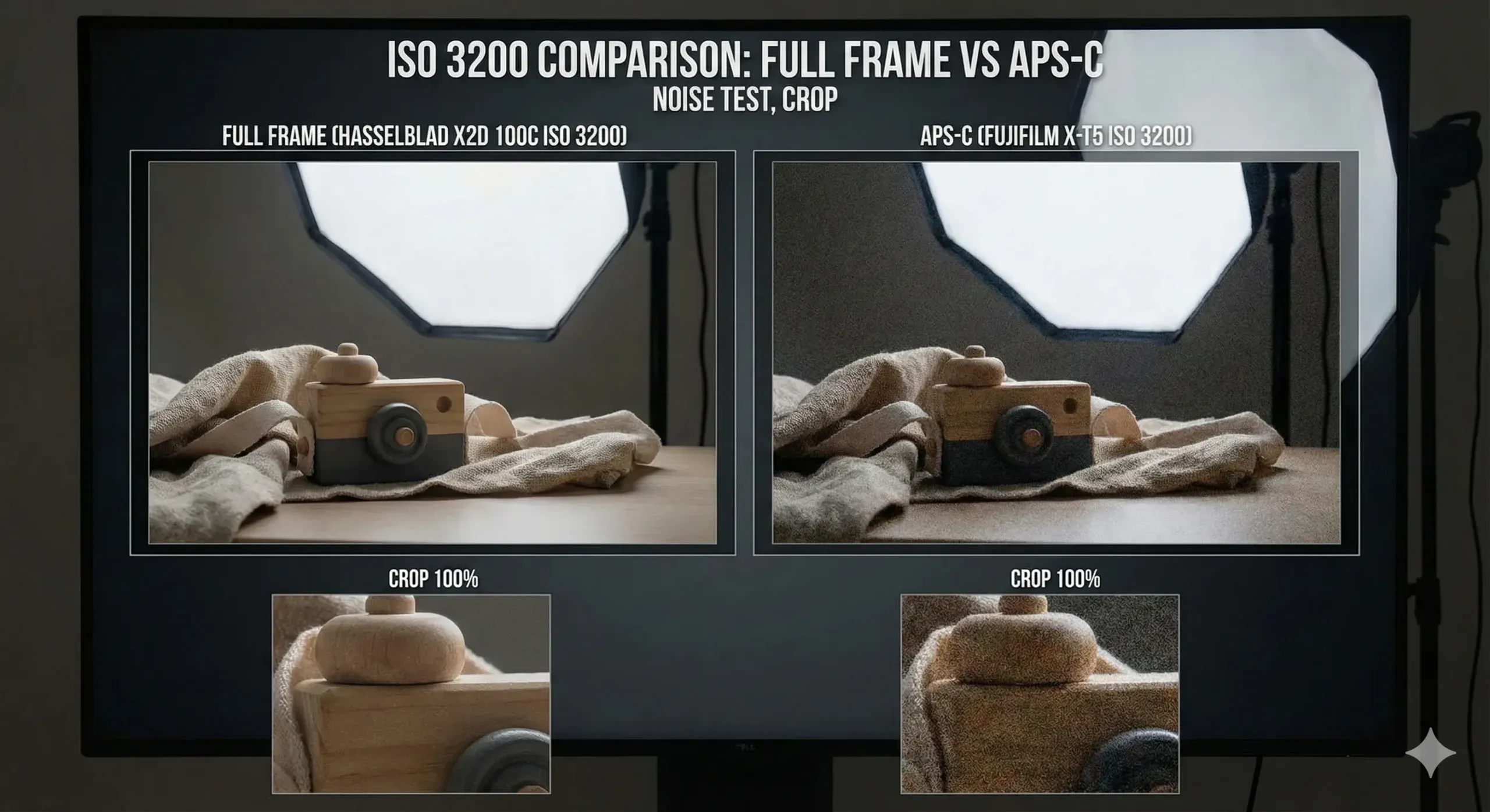 ISO 3200 karşılaştırması: Full Frame ve APS-C sensörlerin gürültü testi ve kırpılmış görüntüleri.