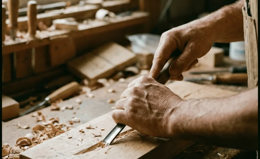 Bu fotoğraf, bir zanaatkarın atölyesindeki çalışma anına odaklanır. Pencereden süzülen doğal ışık, ellerin ve ahşabın dokusunu, talaşları ve aletlerin detaylarını dramatik bir şekilde aydınlatır. Bu yakın plan çekim, emeğin ve ustalığın hikayesini, izleyiciyi o anın içine çeken belgesel bir gerçekçilikle anlatır.