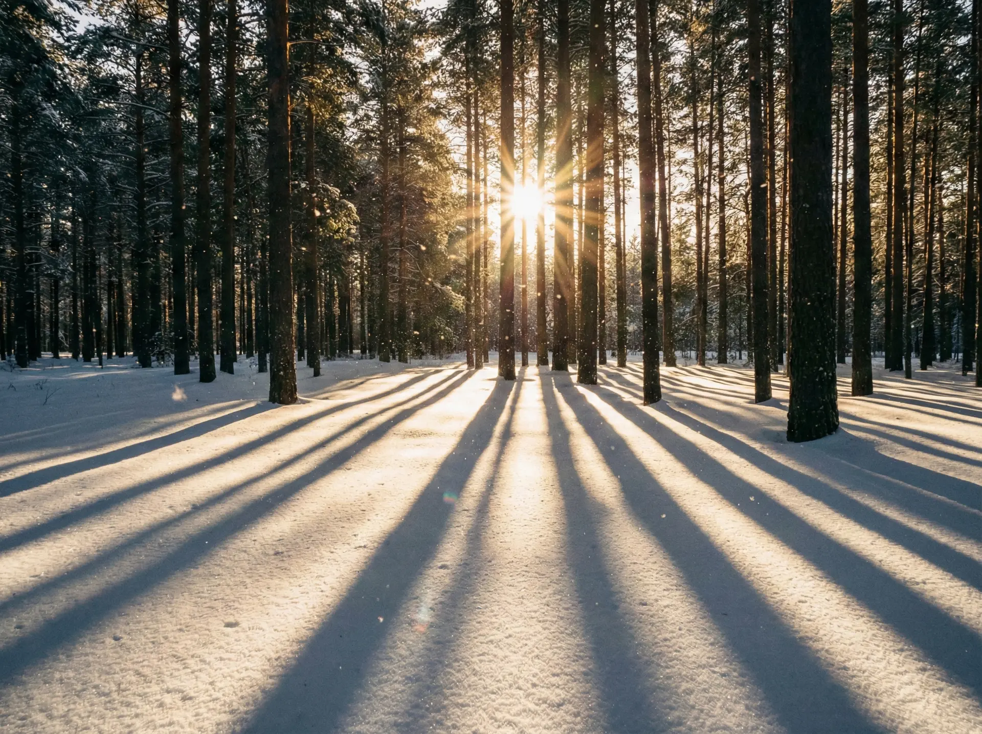 Low angle winter sunlight creating long shadows on snow, pine forest, high contrast, realistic landscape photography.