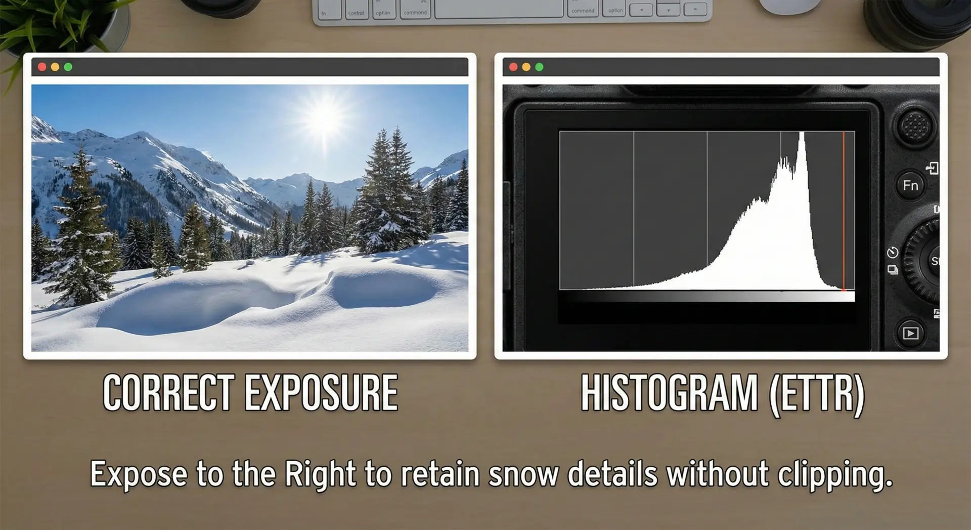 Snowy landscape histogram example, properly exposed snow details, photography tutorial style