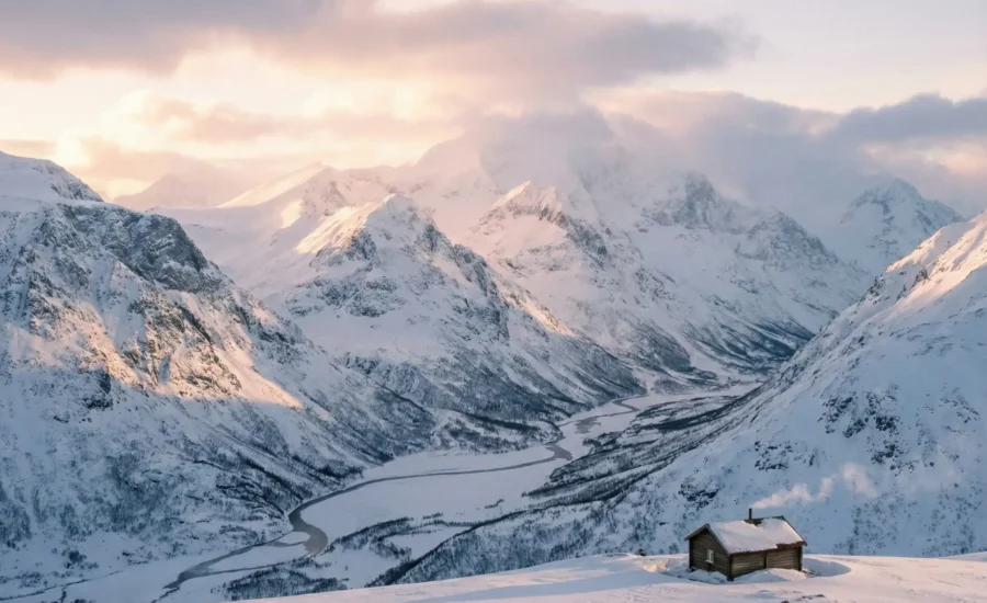 Dramatic winter landscape photography, snow covered mountains, soft light, high detail, cinematic mood.