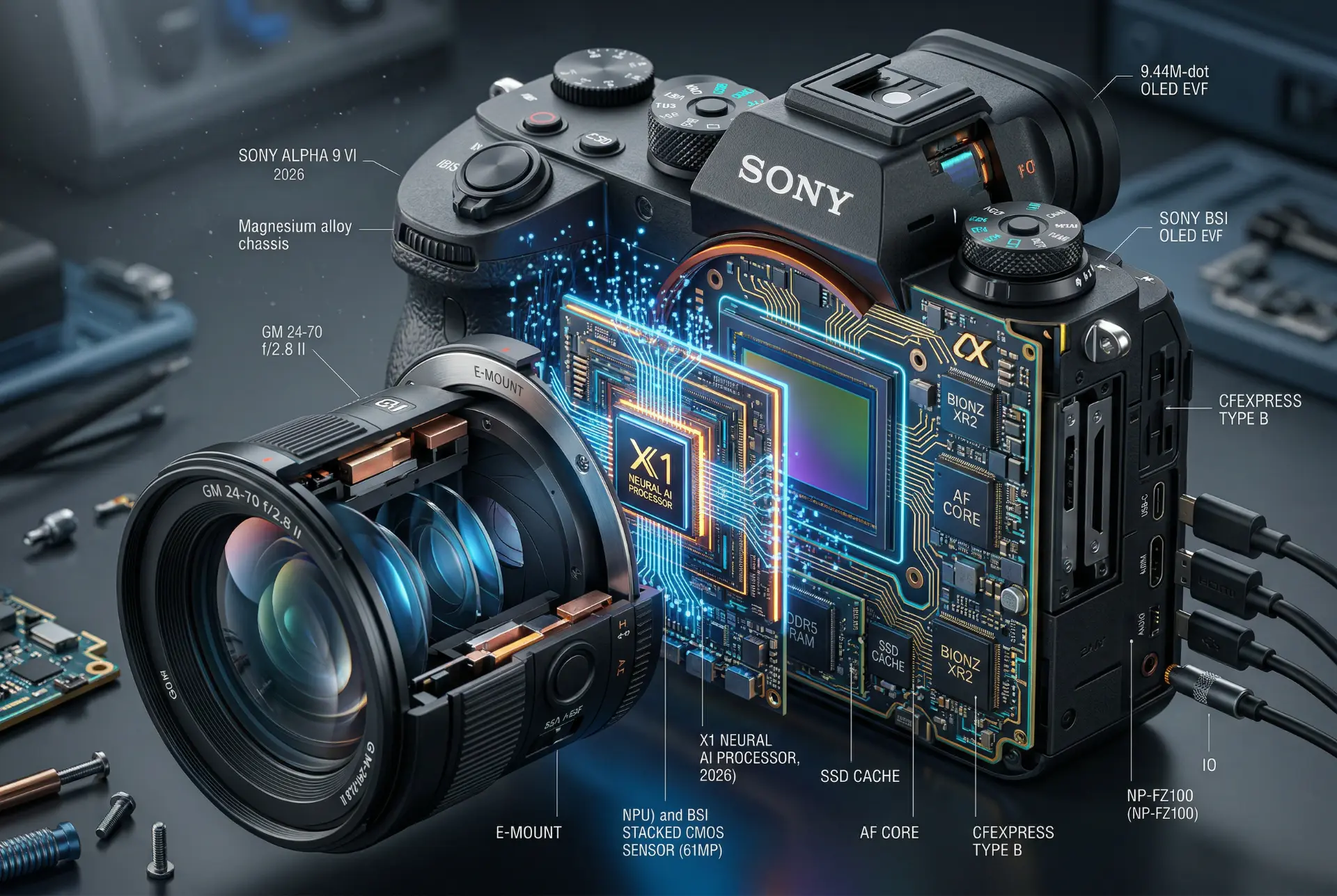 Sony Alpha 9 VI 2026 fotoğraf makinesi iç yapısı. Fotoğraf ekipmanları trendleri için görsel.