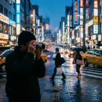 Tokyo'da sokak fotoğrafçılığı: Fotoğrafçı ve neon ışıklı şehir manzarası. Sokak Fotoğrafçılığı Trendleri.