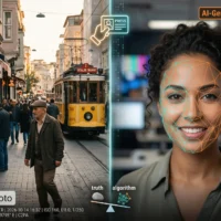 İstanbul'da tramvay ve AI yüz tanıma. Fotoğraf Etiği Trendleri görseli.