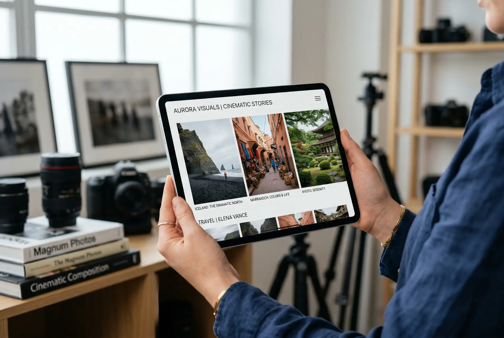 Portfolyo Sunumu ve Kürasyon Trendleri 2 Portfolyo sunumu için tablet ekranında fotoğrafçılık örnekleri. Kürasyon trendleri yansıtılıyor.