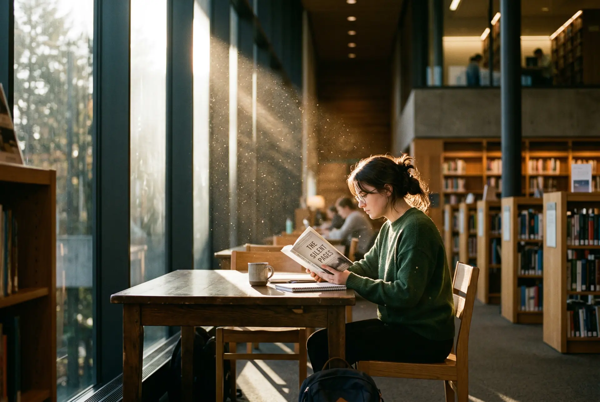 Kütüphanede kitap okuyan kadın, "The Silent Pages" adlı kitabı okuyor. Görsel anlatım trendleri.