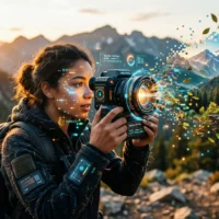 Yapay zeka fotoğrafçılığı trendlerini yansıtan dağ manzarası çeken kadın. "Neural Capture" yazısı görülüyor.