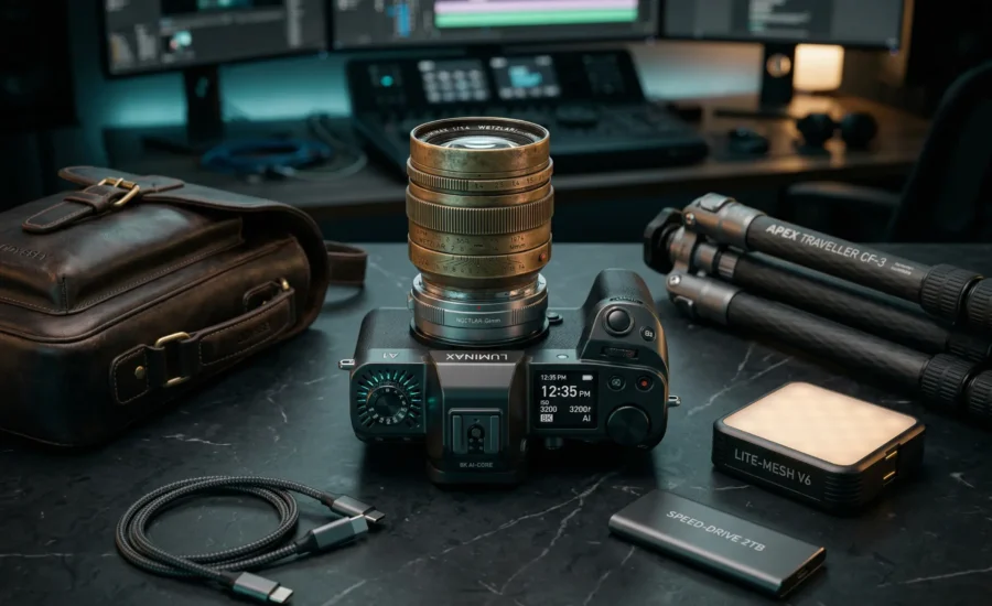 Fotoğraf ekipmanları trendleri: Luminax kamera, lens, tripod, ışık ve SSD. "Odyssey" çanta. 8K AI-CORE. Lite-Mesh V6.