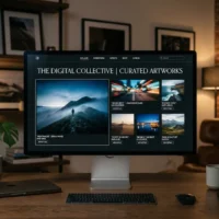 Dijital sanat portfolyo sunumu: Kürasyon trendleri ile seçilmiş eserler sergileniyor. Modern ekran, sanat galerisi web sitesi.
