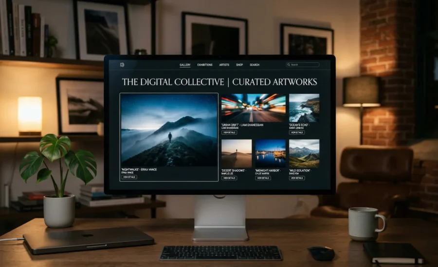 Dijital sanat portfolyo sunumu: Kürasyon trendleri ile seçilmiş eserler sergileniyor. Modern ekran, sanat galerisi web sitesi.