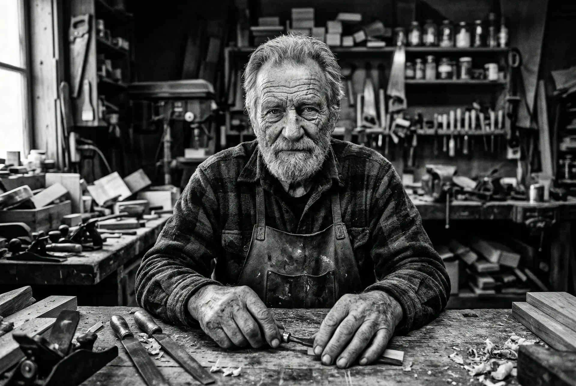 Yaşlı marangoz atölyesinde çalışıyor. Görsel anlatım trendleri için uygun bir görüntü.
