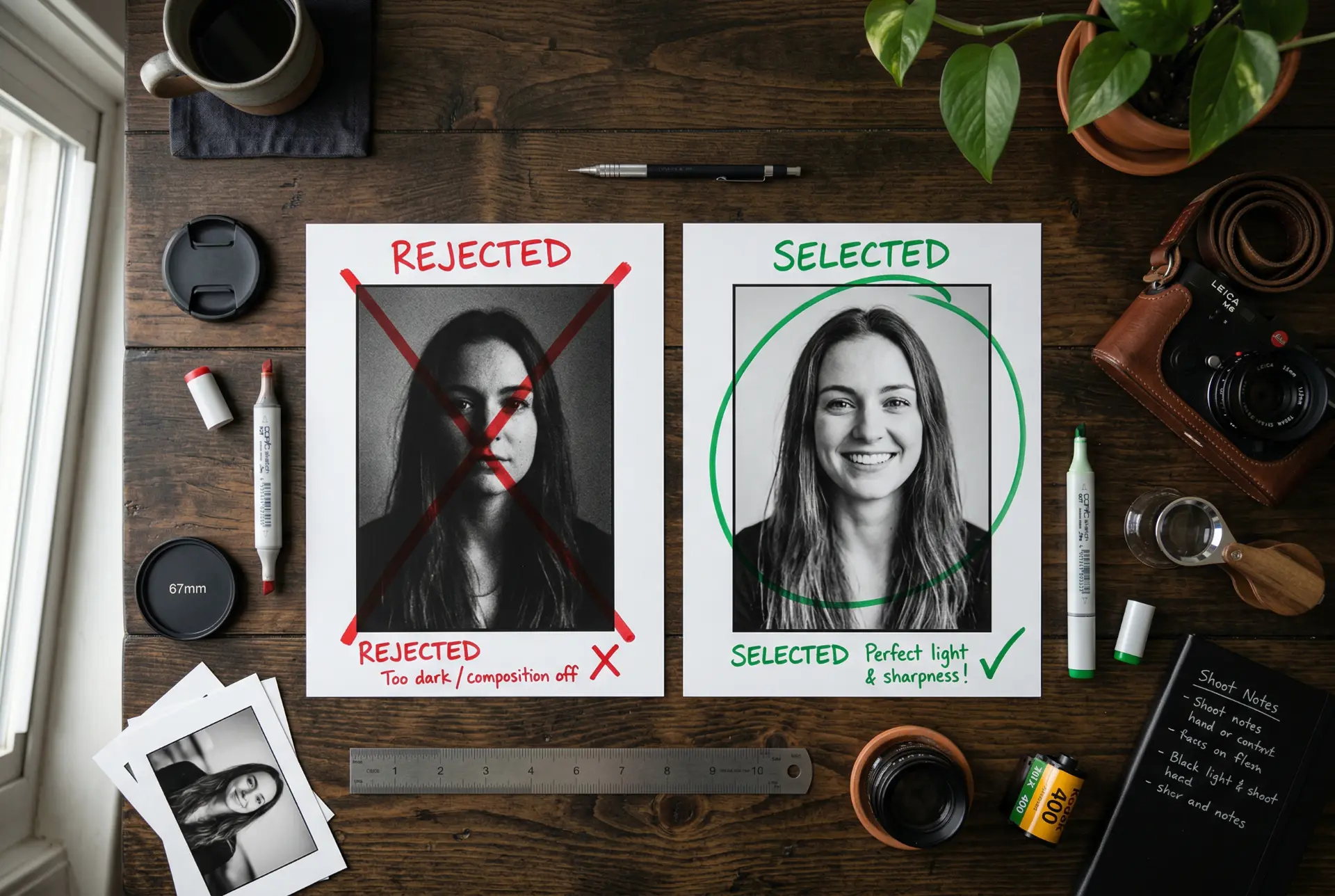 Portfolyo Sunumu ve Kürasyon Trendleri 3 Portfolyo sunumu için fotoğraf seçimi: "Reddedildi" ve "Seçildi" örnekleri, notlar. Kürasyon trendleri için görsel.