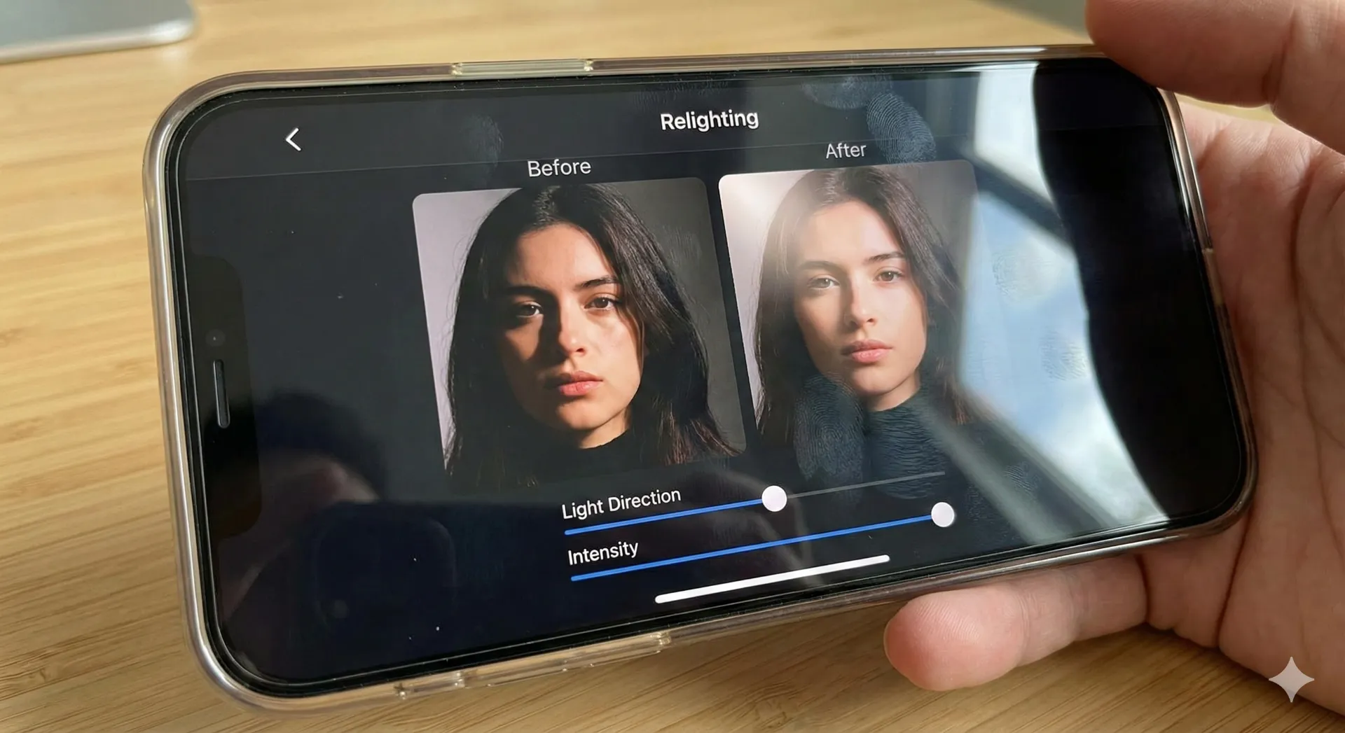 En İyi 5 AI Mobil Fotoğraf Uygulaması 2026 2 Bir akilli telefon ekraninda Lensa uygulamasinin 22Relighting22 panelinin acik oldugu modelin yuzundeki golgelerin sanal bir isik kaynagiyla yumusatildigi bir demo karesi