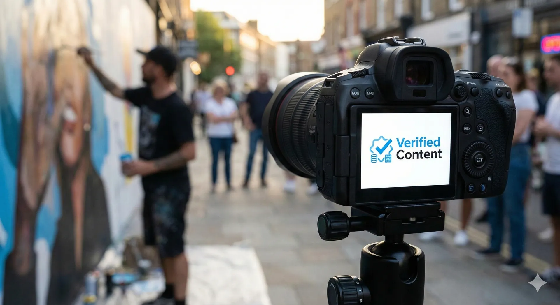 Fotoğrafçılık Trendleri 2026 1 Bir fotograf makinesinin LCD ekraninda 22Verified Content22 Dogrulanmis Icerik ibaresinin parladigi arka planda ise bir sokak sanatcisinin dogal bir aninin cekildigi profesyonel bir sahne