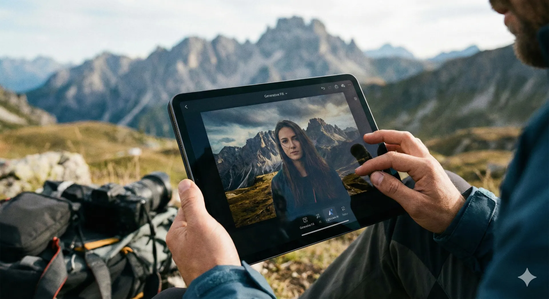 En İyi 5 AI Mobil Fotoğraf Uygulaması 2026 1 Bir fotografcinin tablet uzerinde Lightroom kullanarak bir portre fotografindaki arka plani yapay zeka ile dag manzarasina donusturdugu ve isik uyumunu sagladigi net bir goruntu