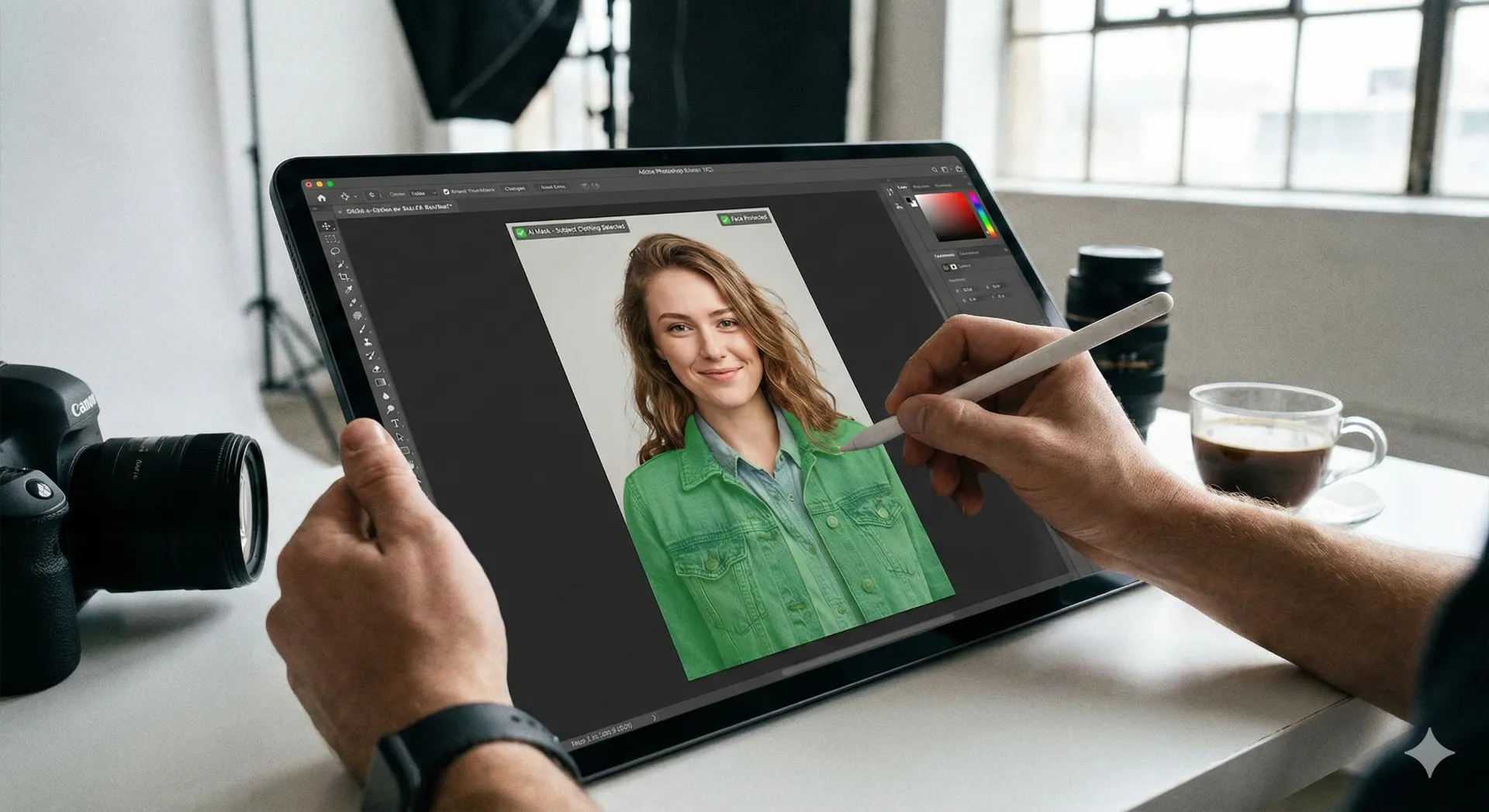 Fotoğrafçılık Trendleri 2026 2 Bir fotografcinin tabletinde yapay zeka maskeleme aracini kullanarak sadece modelin kiyafetini sectigi ancak yuzundeki dogal ifadeyi ve isigi oldugu gibi biraktigi bir duzenleme ani