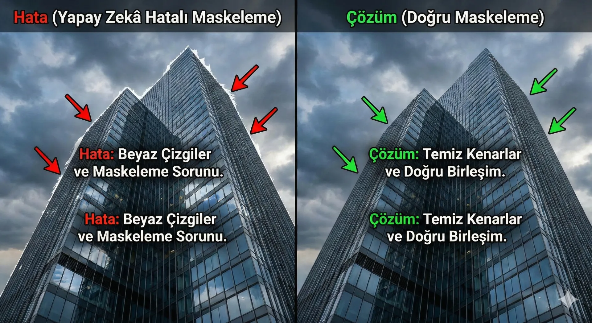 En İyi 5 AI Mobil Fotoğraf Uygulaması 2026 3 Bir mimari fotografta yapay zeka ile gokyuzu degistirilirken binalarin kenarlarinda olusan beyaz cizgilerin hata ve dogru maskeleme ile cozum nasil giderildiginin karsilastirmasi