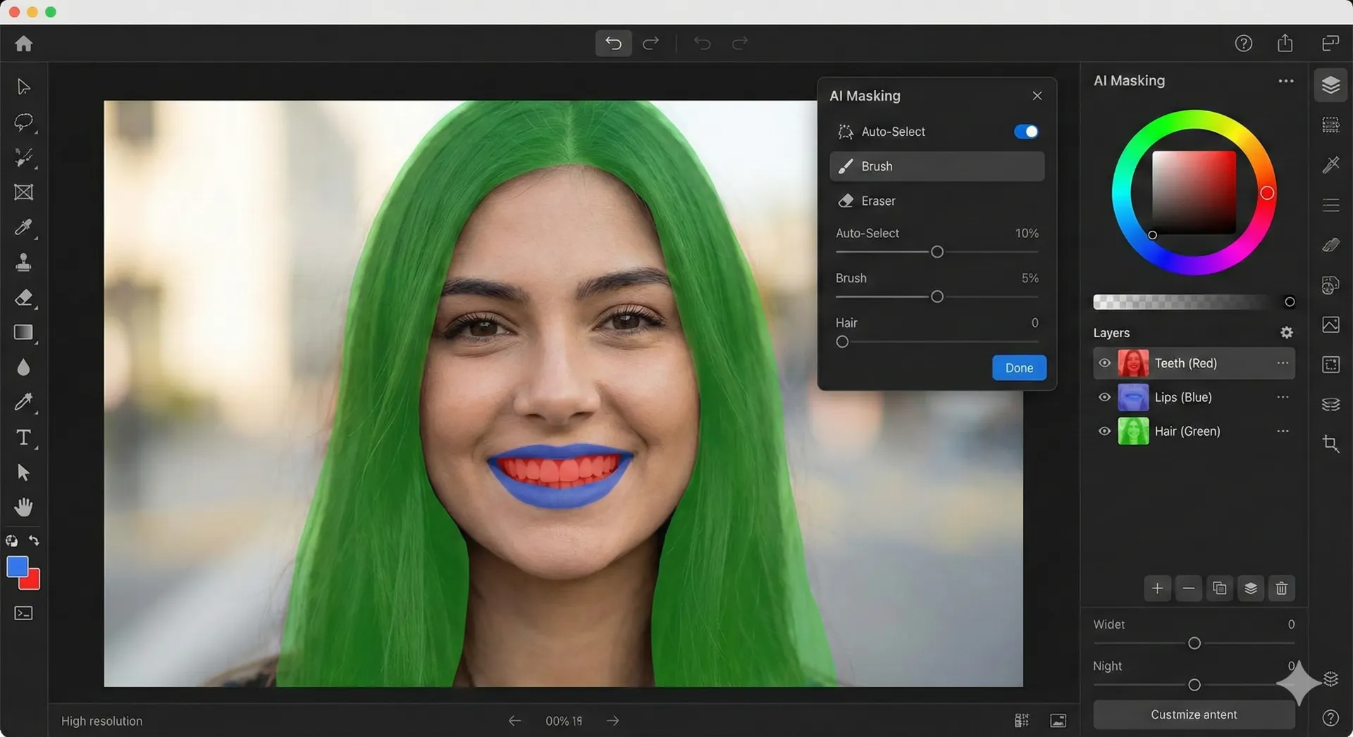 Fotoğraf Düzenleme Trendleri 1 Bir portre fotografinda yapay zekanin sadece disleri dudaklari ve saclari farkli renkli maskelerle otomatik olarak ayirdigini gosteren modern bir duzenleme arayuzu
