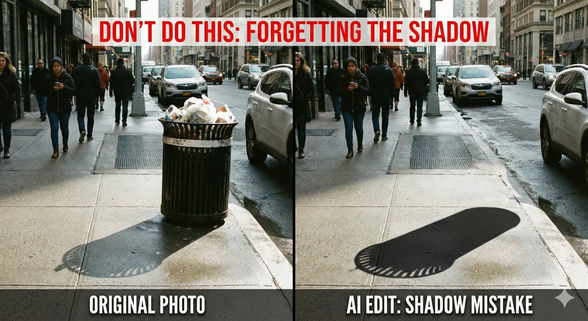 Fotoğraf Düzenleme Trendleri 2 Bir sokak fotografinda arka plandaki cop kutusunun yapay zeka ile silindigi ancak zemindeki golgesinin unutuldugu 22yapilmamasi gerekenler22 temali bir karsilastirma