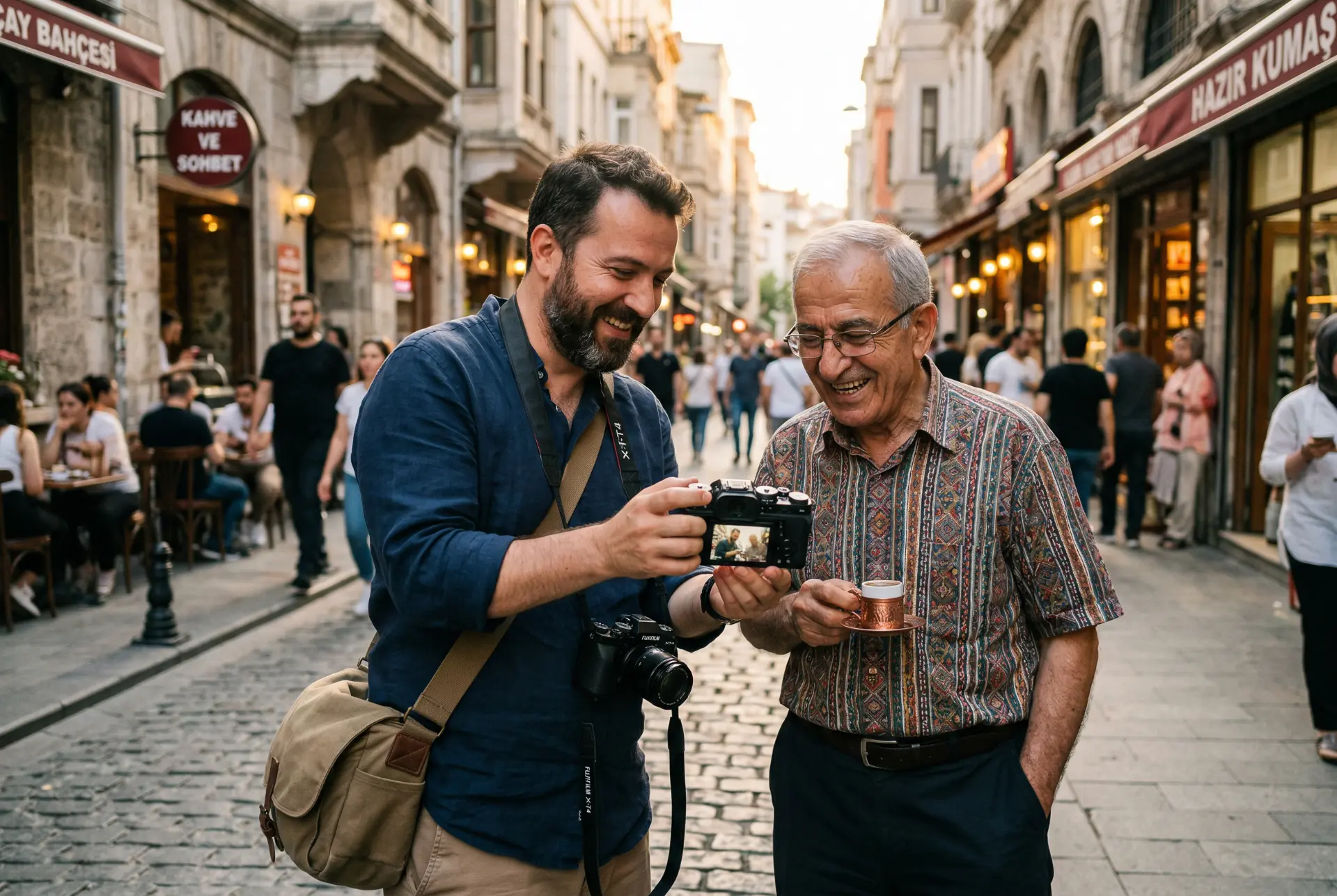 İstanbul'da fotoğrafçı ve yaşlı adam fotoğraf inceliyor, kahve içiyor. Fotoğraf Etiği Trendleri ile ilgili.