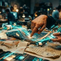 Görsel anlatım trendleri: Dijital ekran üzerinde çalışan eller, ışık efektleri ve notlar.