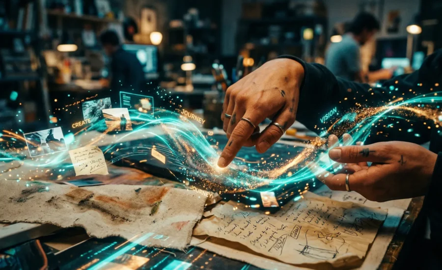 Görsel anlatım trendleri: Dijital ekran üzerinde çalışan eller, ışık efektleri ve notlar.