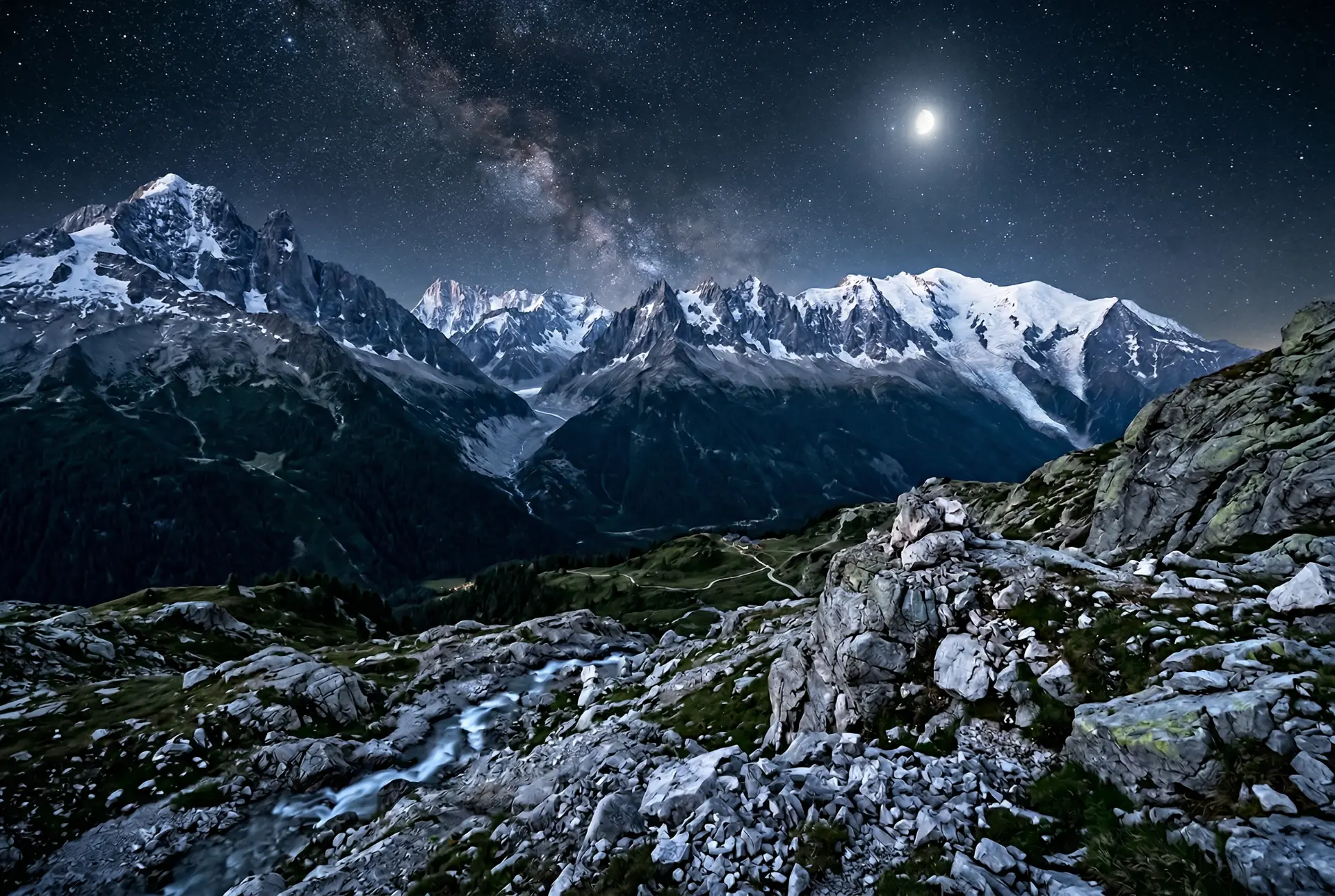 Karlı dağlar, dolunay ve Samanyolu ile fotoğraf ekipmanları trendleri için gece manzarası.