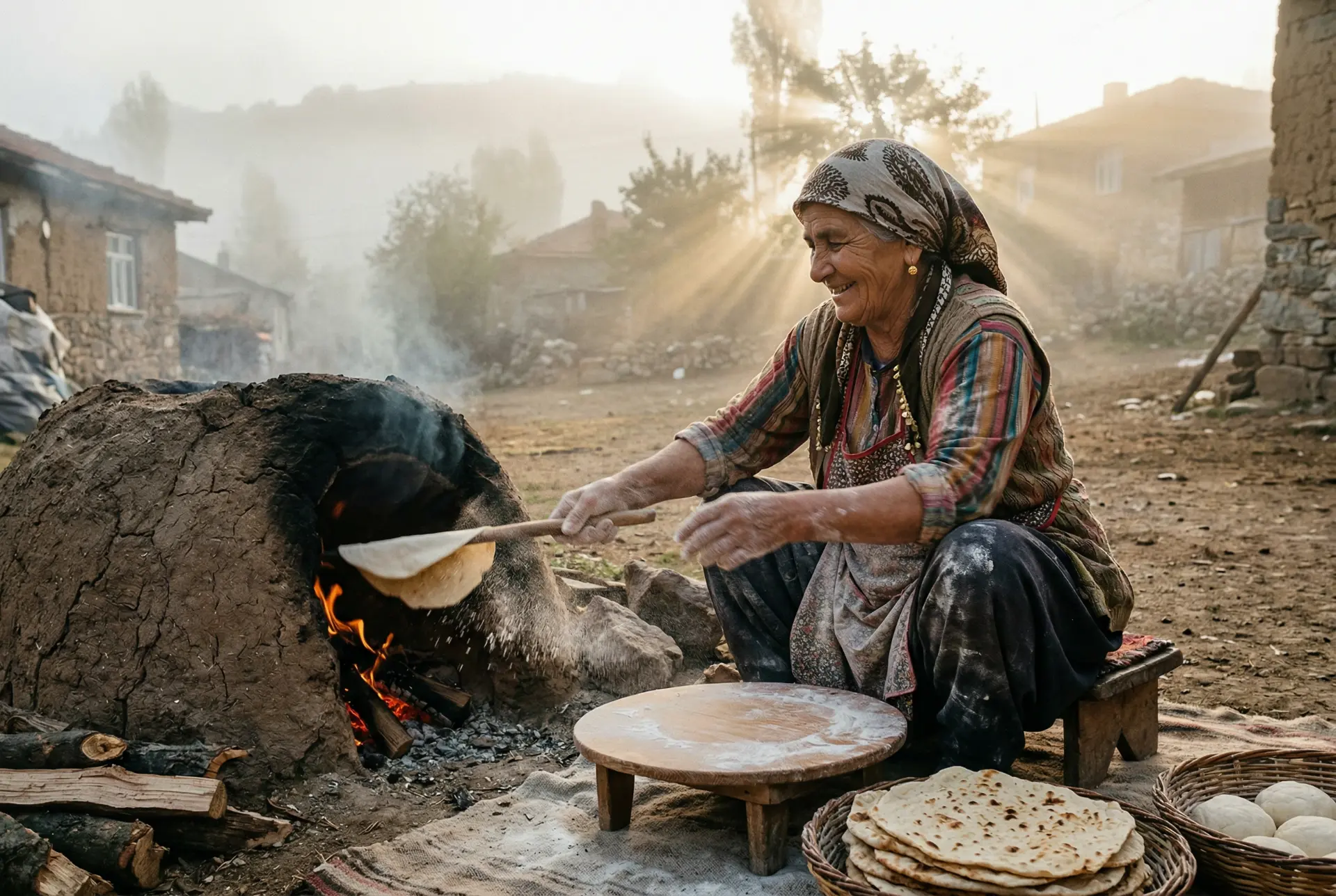 Yaşlı kadın tandırda ekmek pişiriyor. Görsel anlatım trendleri için uygun bir sahne.