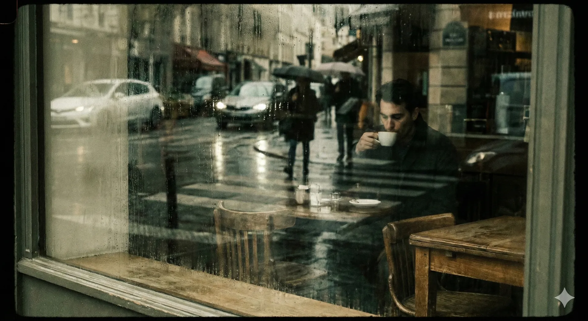 Fujifilm X T6 ile cekilmis meshur 22Classic Negative22 film simulasyonuna sahip bir kafenin camindan yansiyan sokak goruntusu
